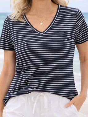 Orvis Perfect Tee Large Navy White Stripe V Neck Pima Cotton Top